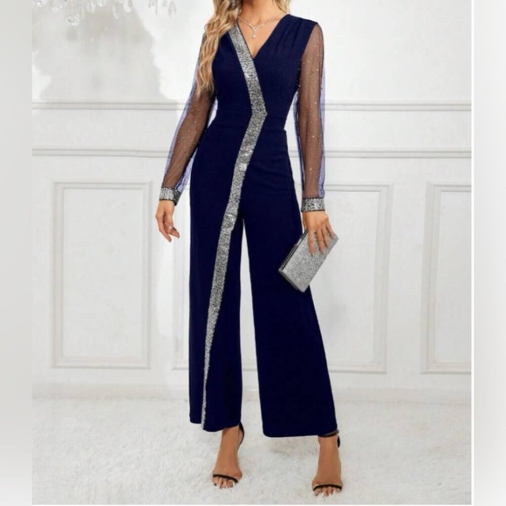 Navy Blue Mesh Sleeve Sequin Wide Leg Jumpsuit - Picture 3 of 8